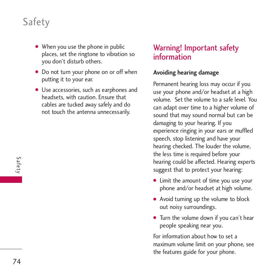 Warning! important safety i, Avoiding hearing damage, Warning! important safety | Information, Safety, Warning! important safety information | LG Rumor touch User Manual | Page 76 / 98