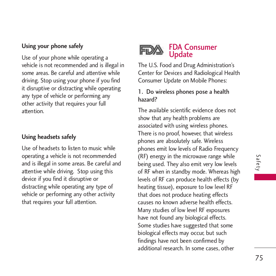 Using your phone safely, Using headsets safely, Fda consumer update | LG Rumor touch User Manual | Page 77 / 98