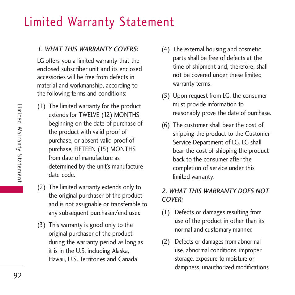 Limited warranty statement | LG Rumor touch User Manual | Page 94 / 98