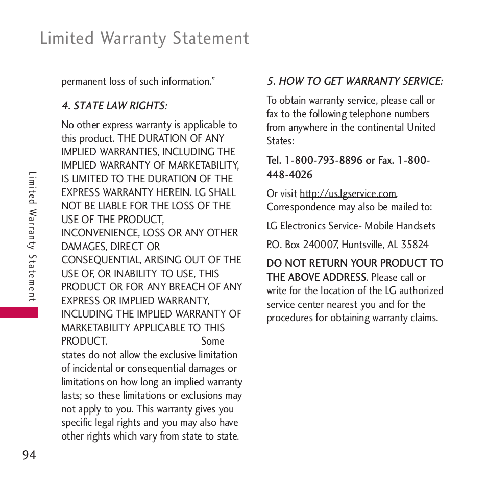 Limited warranty statement | LG Rumor touch User Manual | Page 96 / 98