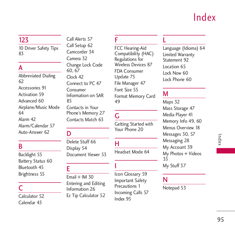 Index | LG Rumor touch User Manual | Page 97 / 98