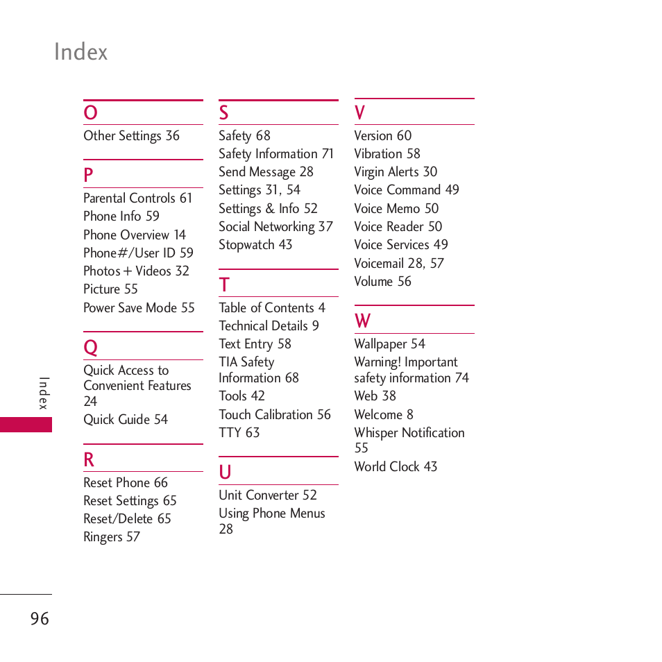 Index | LG Rumor touch User Manual | Page 98 / 98