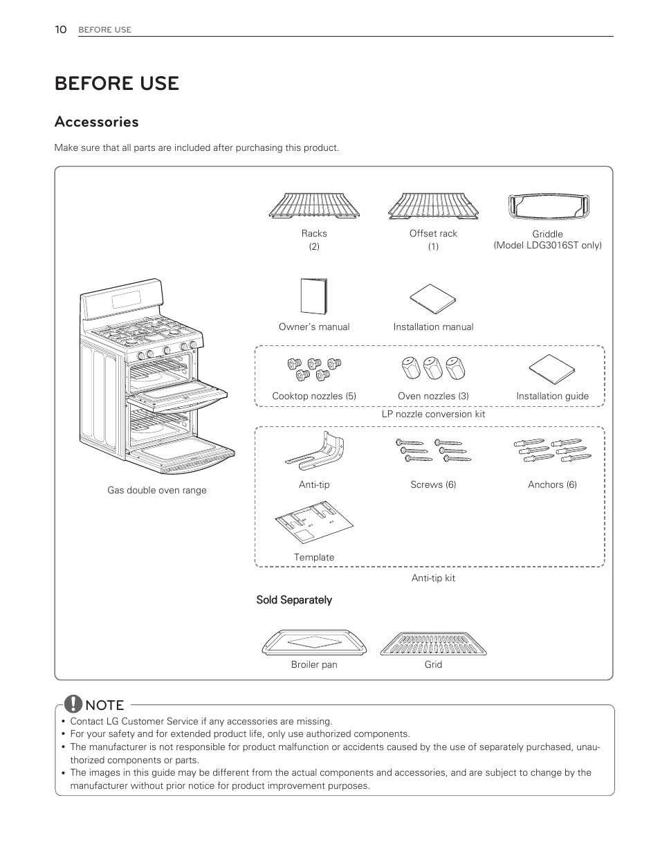 Before use, Accessories | LG LDG3016ST  EN User Manual | Page 10 / 47