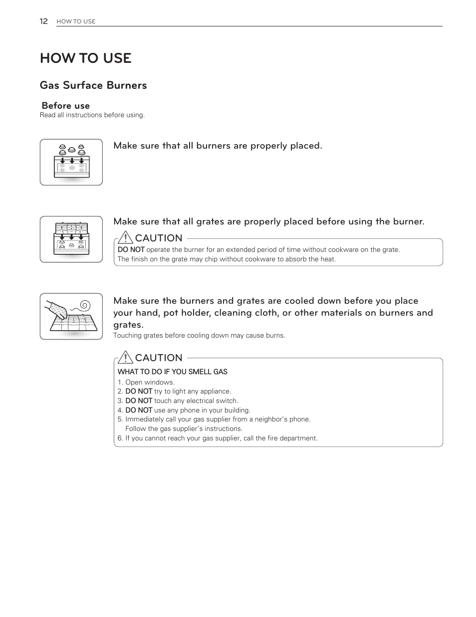 How to use, Gas surface burners, Caution | LG LDG3016ST  EN User Manual | Page 12 / 47