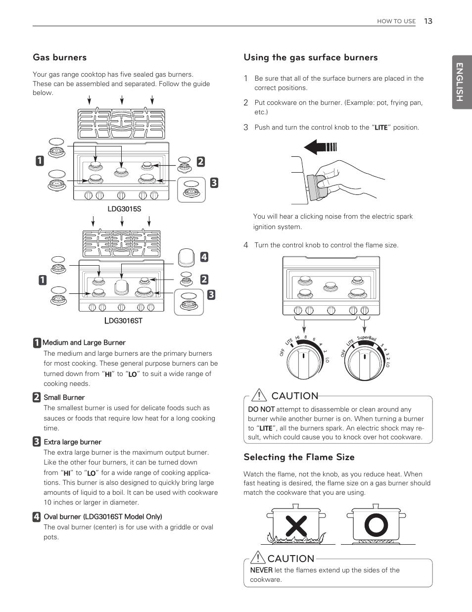 Caution, Gas burners, Using the gas surface burners | Selecting the flame size | LG LDG3016ST  EN User Manual | Page 13 / 47