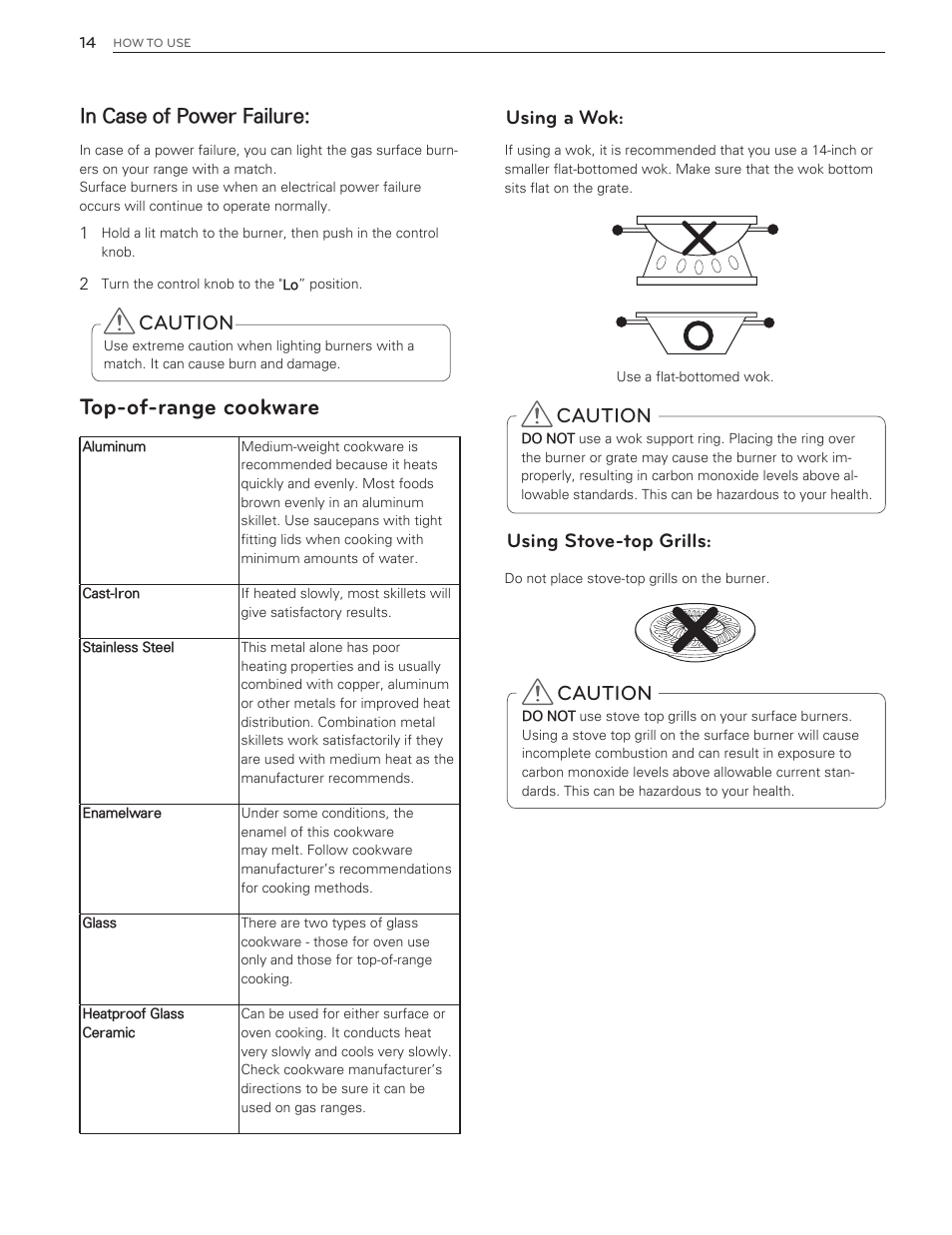 Top-of-range cookware, Caution, Using a wok: using stove-top grills | LG LDG3016ST  EN User Manual | Page 14 / 47