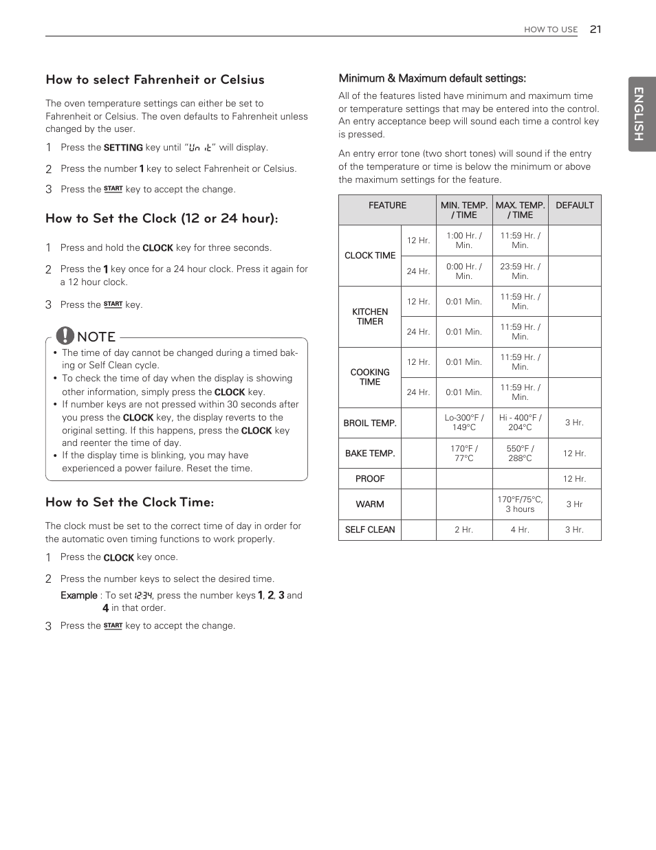 How to select fahrenheit or celsius, How to set the clock (12 or 24 hour), How to set the clock time | English | LG LDG3016ST  EN User Manual | Page 21 / 47