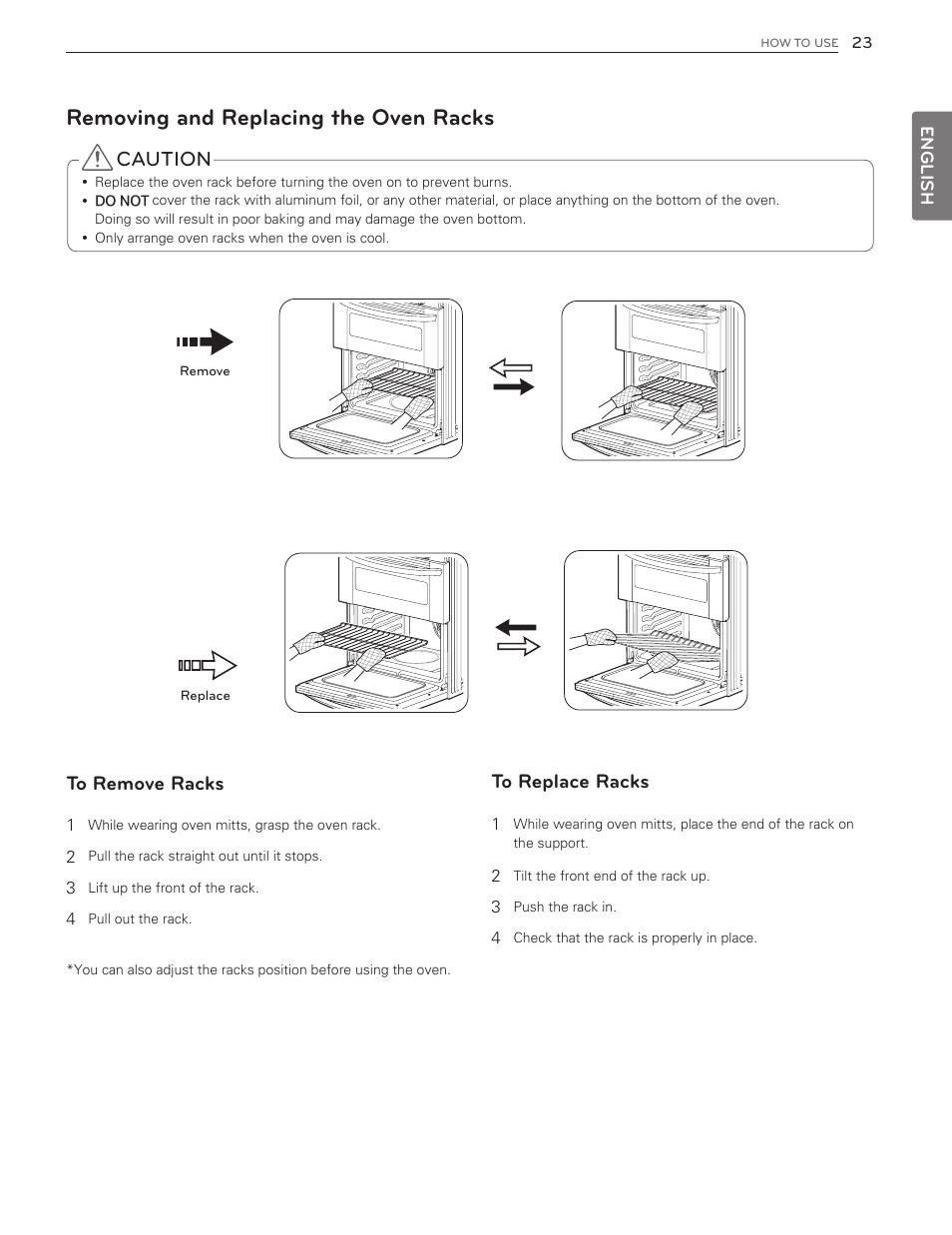 Removing and replacing the oven racks, Caution | LG LDG3016ST  EN User Manual | Page 23 / 47