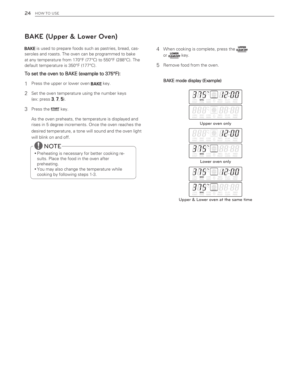 Bake (upper & lower oven) | LG LDG3016ST  EN User Manual | Page 24 / 47