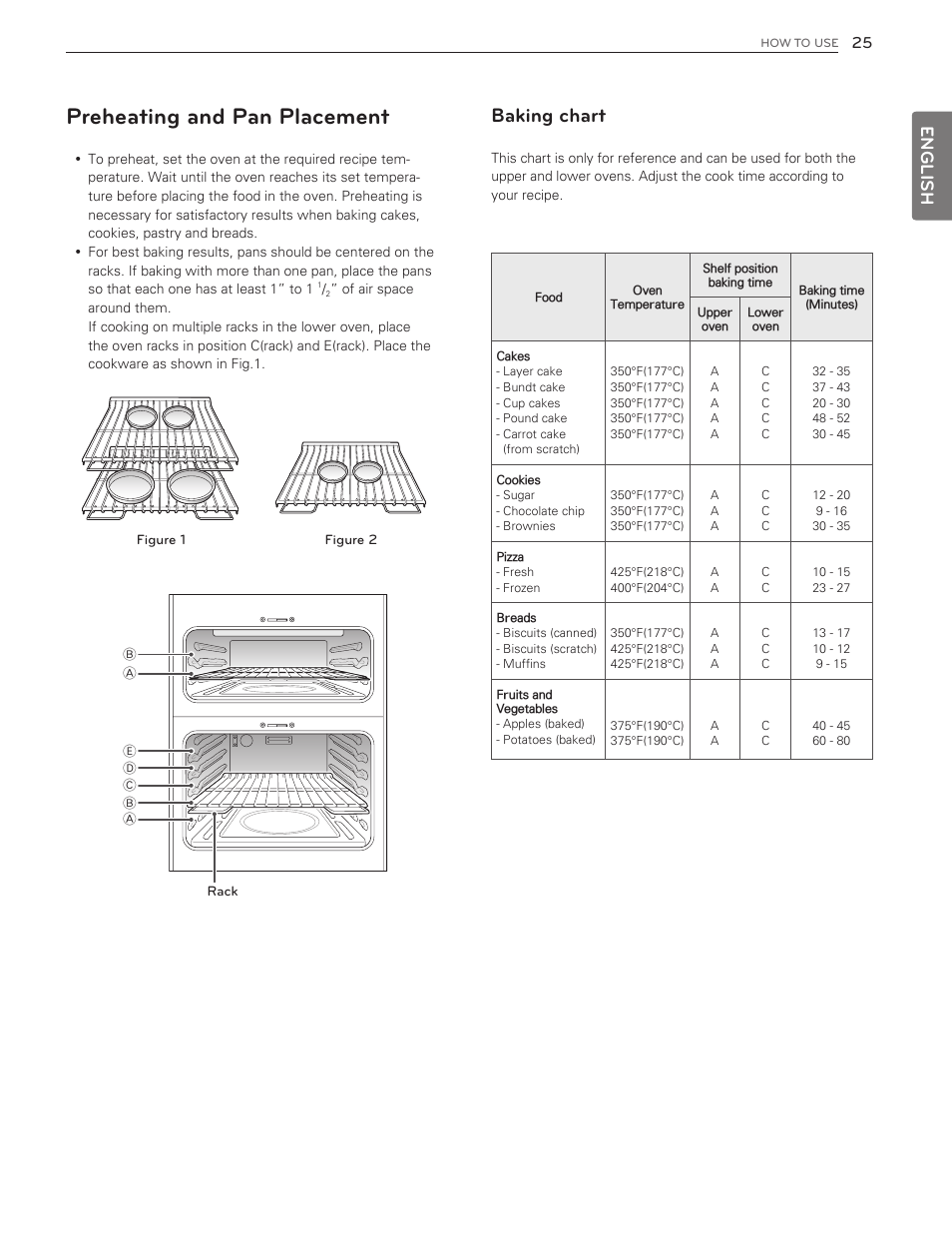 Preheating and pan placement, Baking chart, English | LG LDG3016ST  EN User Manual | Page 25 / 47