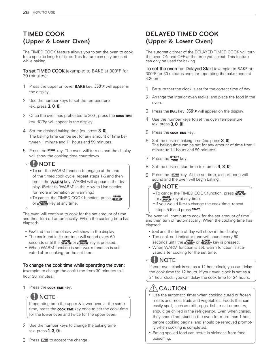 Timed cook (upper & lower oven), Delayed timed cook (upper & lower oven), Caution | LG LDG3016ST  EN User Manual | Page 28 / 47