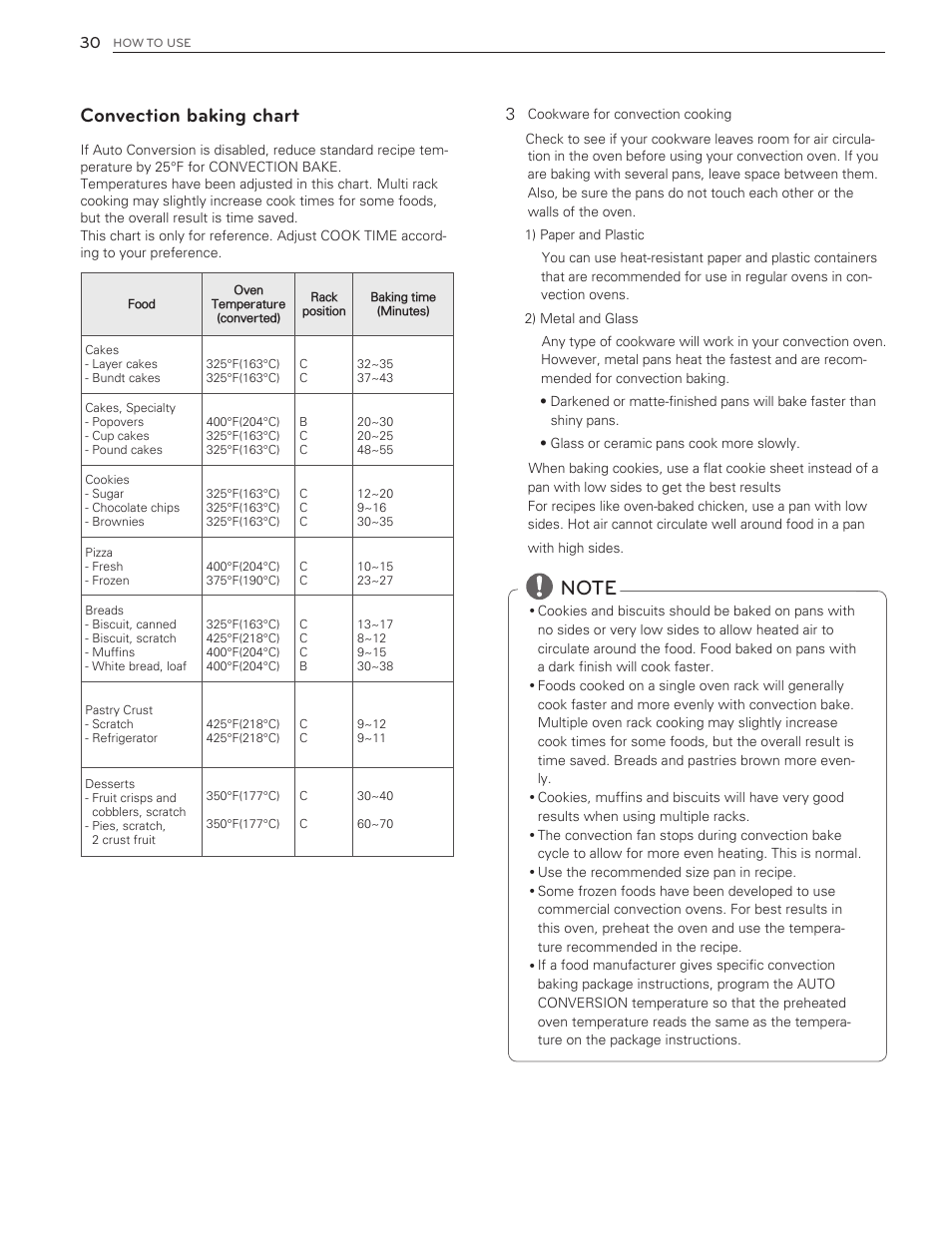 Convection baking chart | LG LDG3016ST  EN User Manual | Page 30 / 47