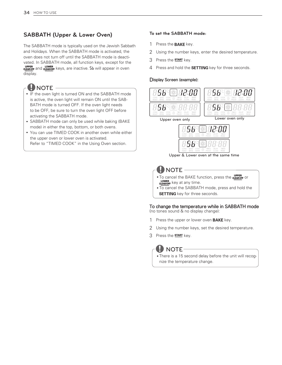Sabbath (upper & lower oven) | LG LDG3016ST  EN User Manual | Page 34 / 47