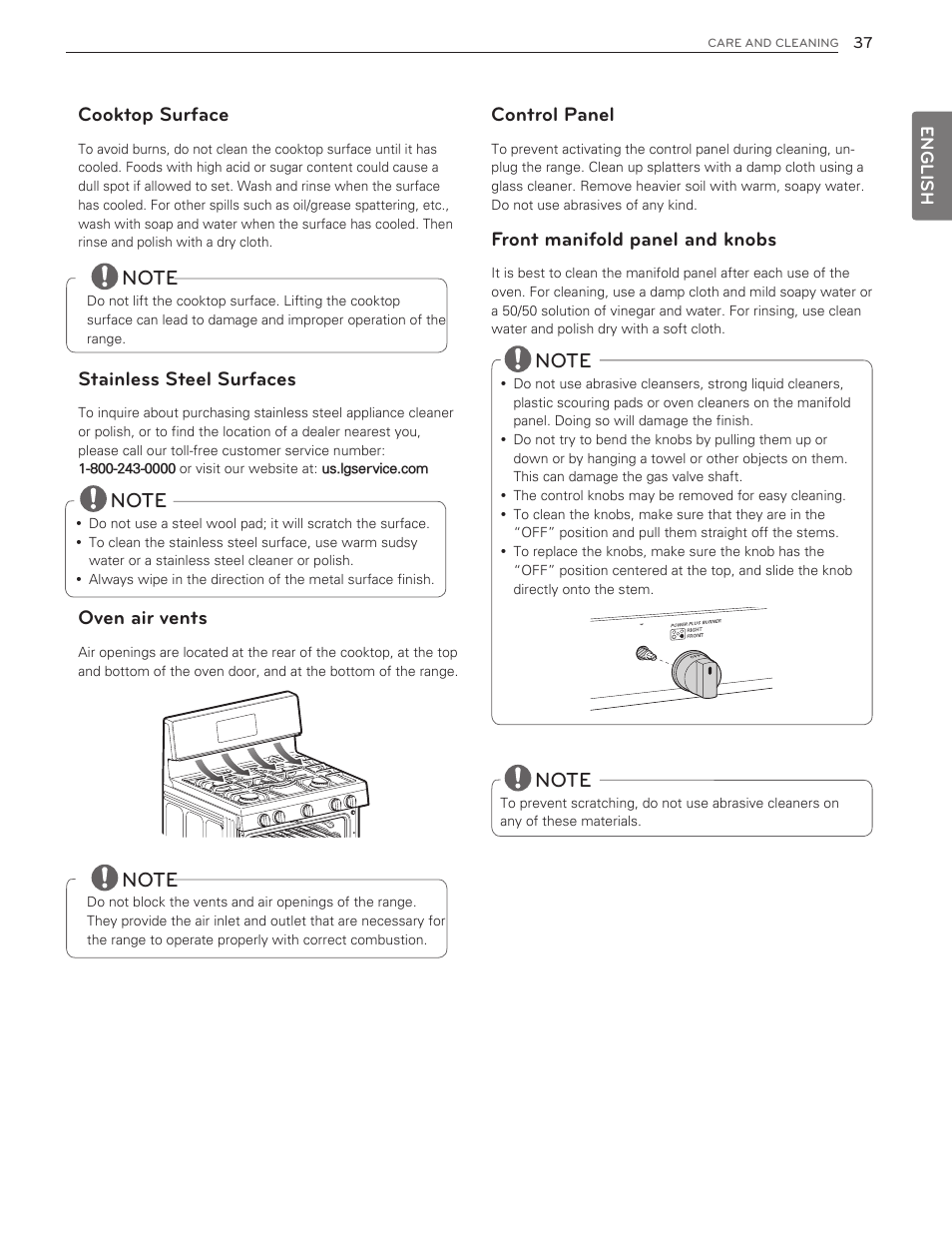 Cooktop surface, Stainless steel surfaces, Oven air vents | Control panel, Front manifold panel and knobs | LG LDG3016ST  EN User Manual | Page 37 / 47