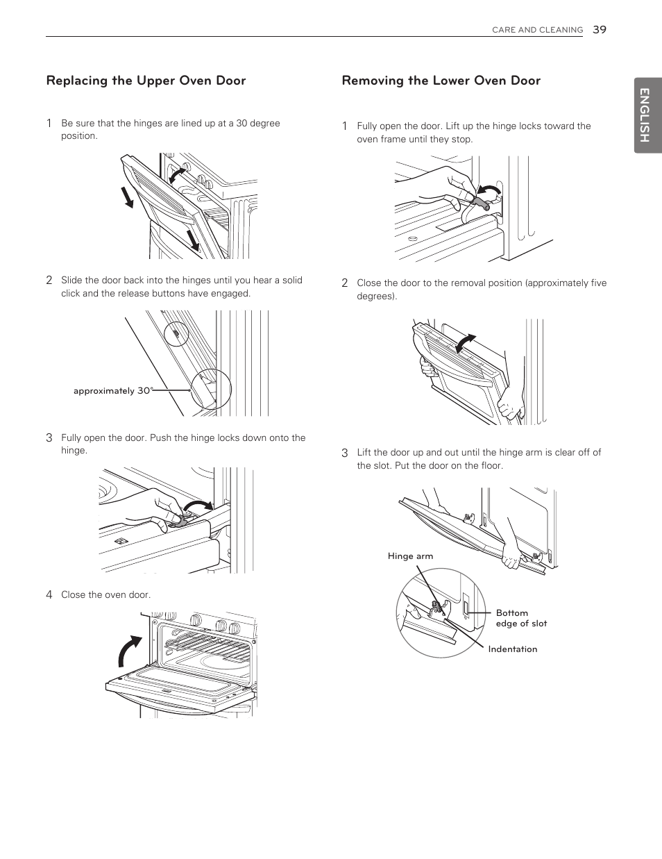 Replacing the upper oven door, Removing the lower oven door | LG LDG3016ST  EN User Manual | Page 39 / 47