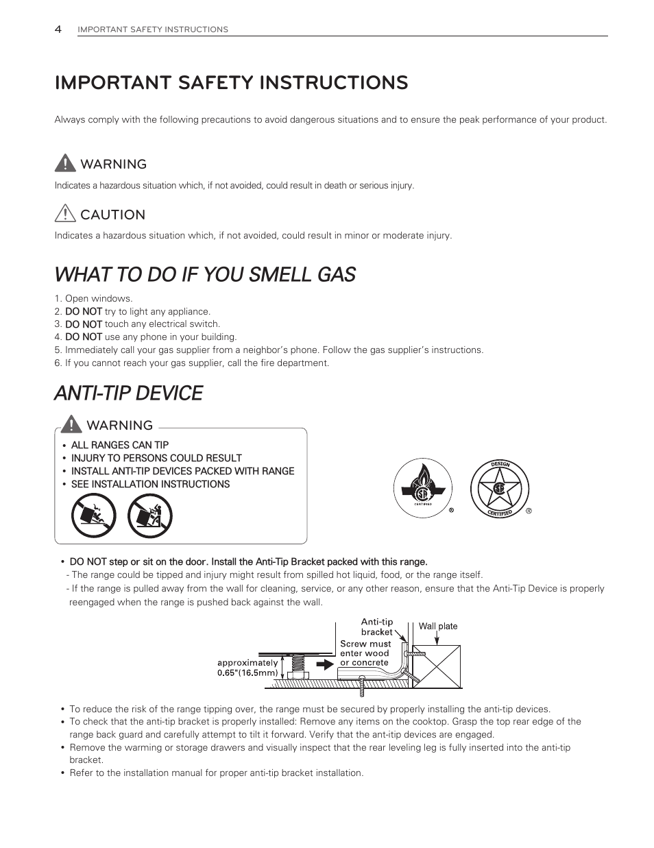 Important safety instructions, What to do if you smell gas, Anti-tip device | Caution, Warning | LG LDG3016ST  EN User Manual | Page 4 / 47