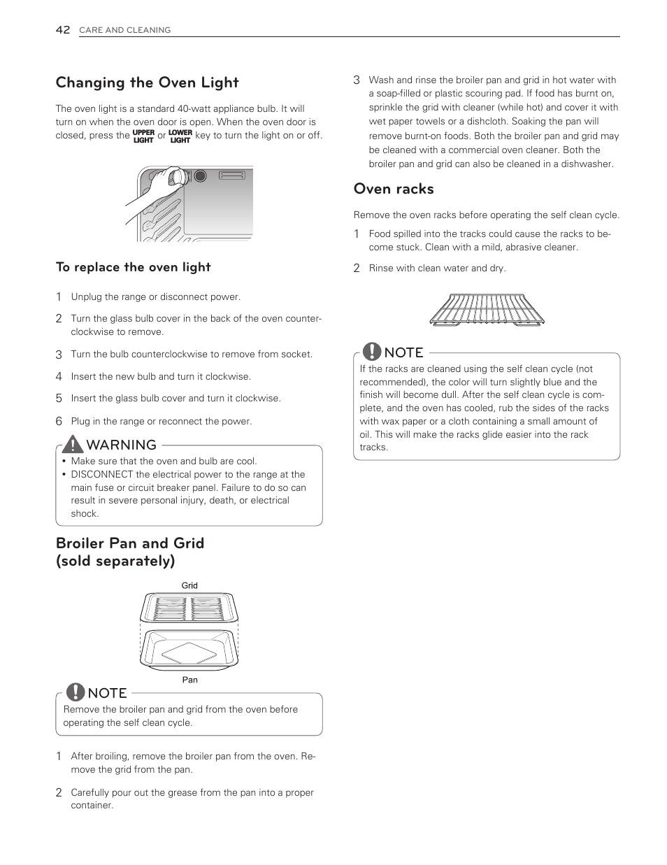 Changing the oven light, Broiler pan and grid (sold separately), Oven racks | Warning | LG LDG3016ST  EN User Manual | Page 42 / 47