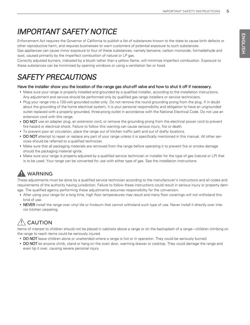 Important safety notice, Safety precautions, Caution | Warning | LG LDG3016ST  EN User Manual | Page 5 / 47