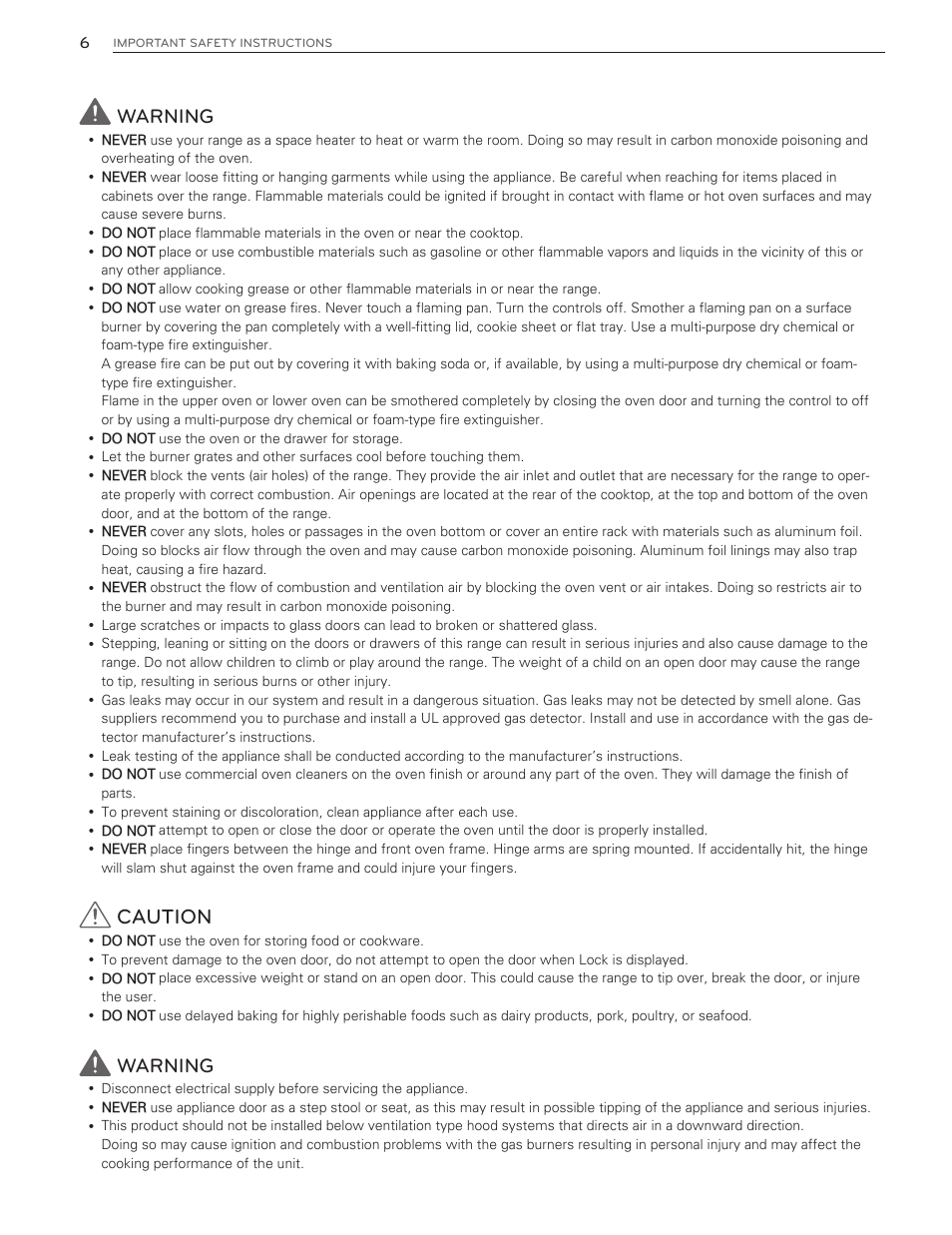 Caution, Warning | LG LDG3016ST  EN User Manual | Page 6 / 47