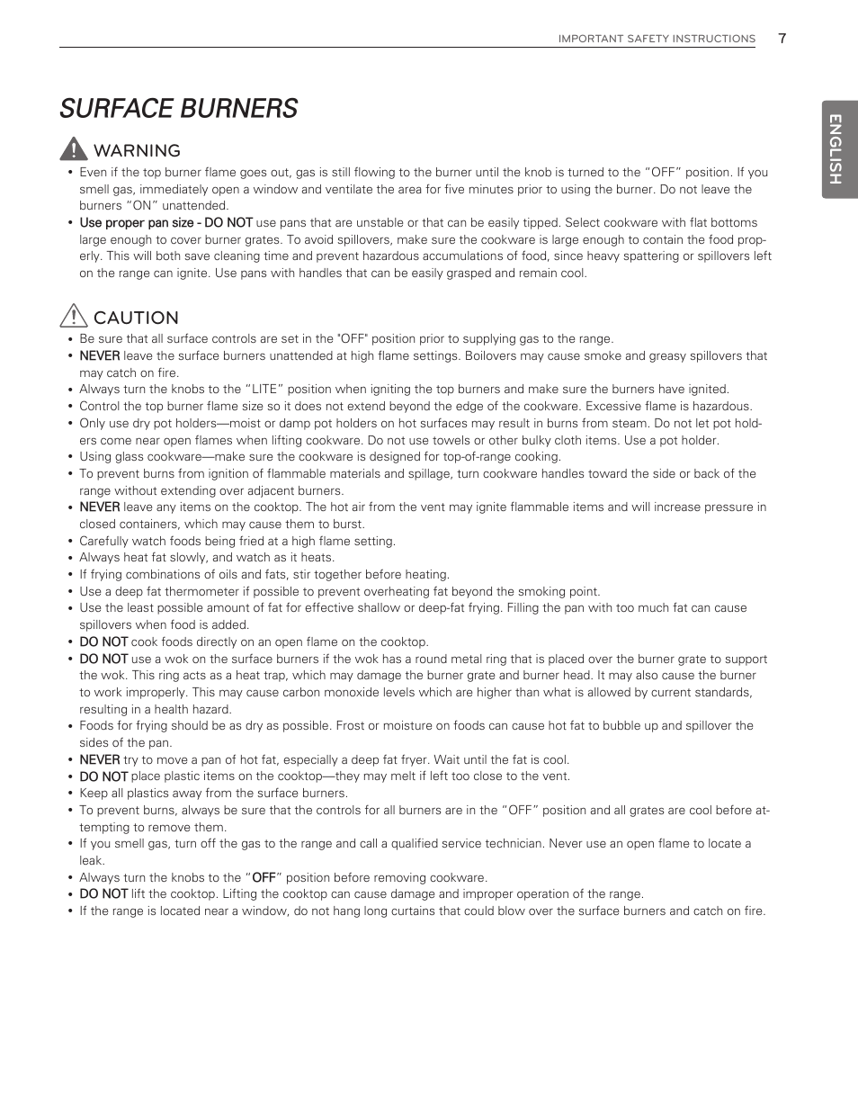 Surface burners, Caution, Warning | English | LG LDG3016ST  EN User Manual | Page 7 / 47