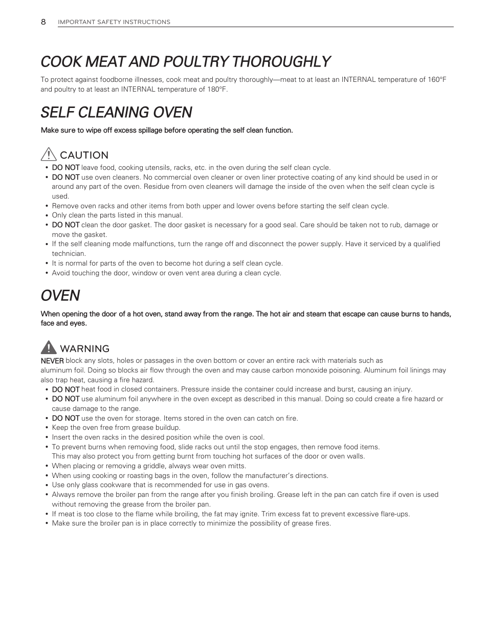 Cook meat and poultry thoroughly, Self cleaning oven, Oven | Caution, Warning | LG LDG3016ST  EN User Manual | Page 8 / 47