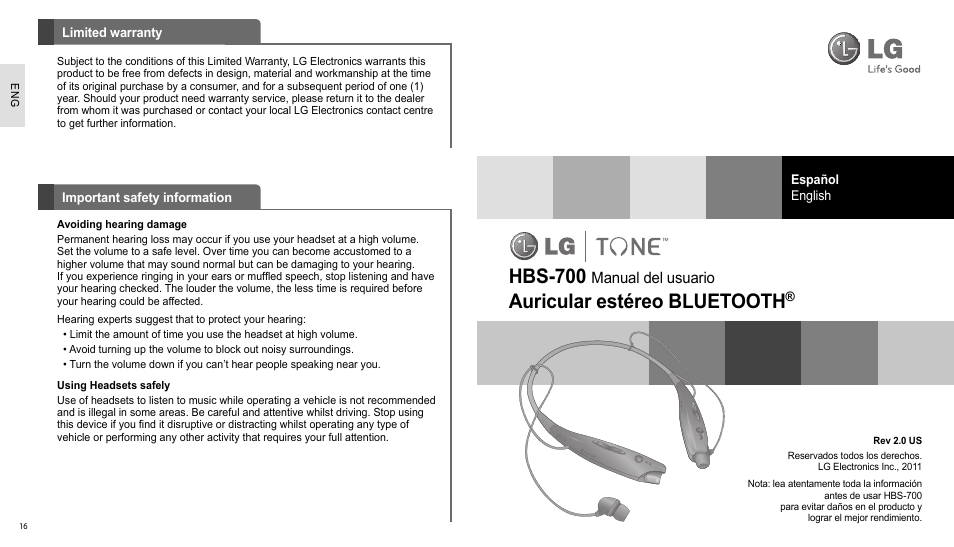 Hbs-700, Auricular estéreo bluetooth | LG HBS700 User Manual | Page 9 / 18