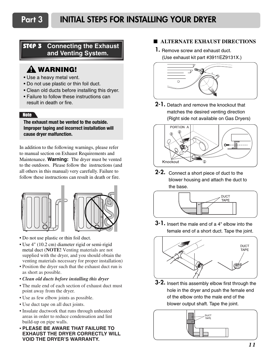 Part 3 initial steps for installing your dryer, Warning | LG DLE2516W User Manual | Page 11 / 67