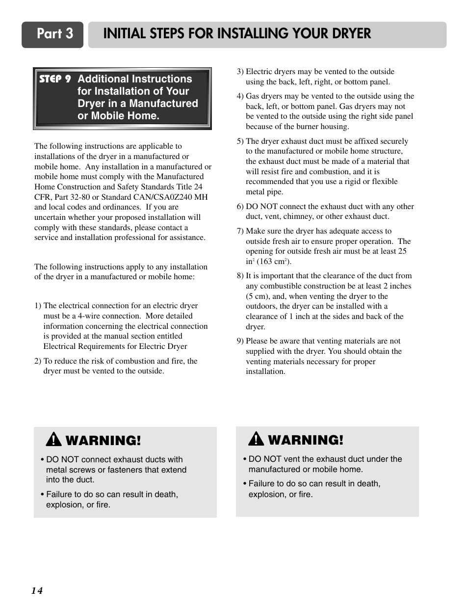 Part 3 initial steps for installing your dryer, Warning | LG DLE2516W User Manual | Page 14 / 67