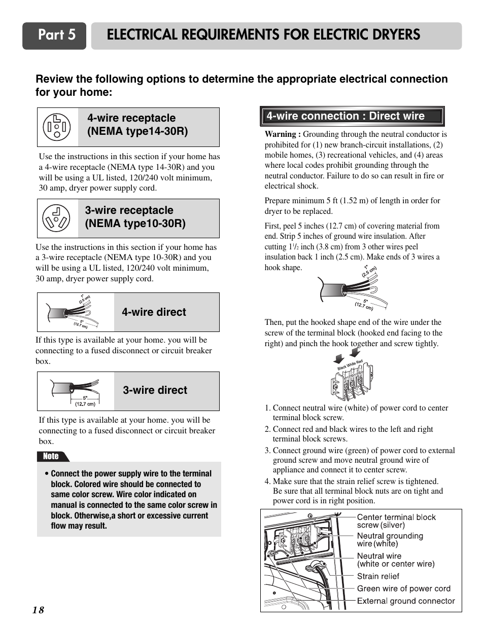 Part 5 electrical requirements for electric dryers | LG DLE2516W User Manual | Page 18 / 67