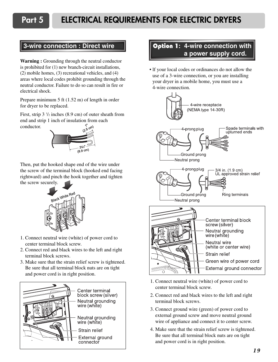 Part 5 electrical requirements for electric dryers | LG DLE2516W User Manual | Page 19 / 67