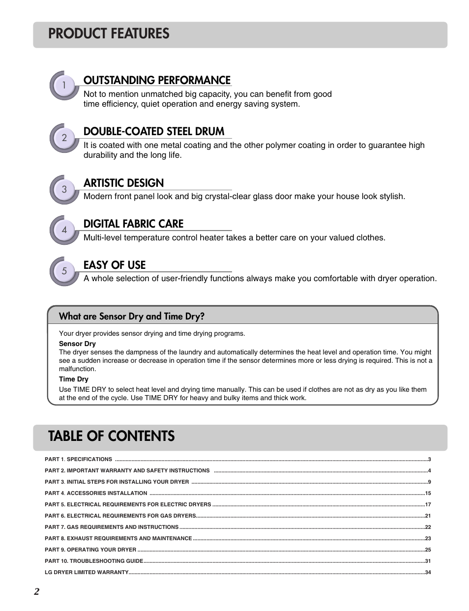 Product features table of contents, Outstanding performance, Double-coated steel drum | Artistic design, Digital fabric care, Easy of use | LG DLE2516W User Manual | Page 2 / 67