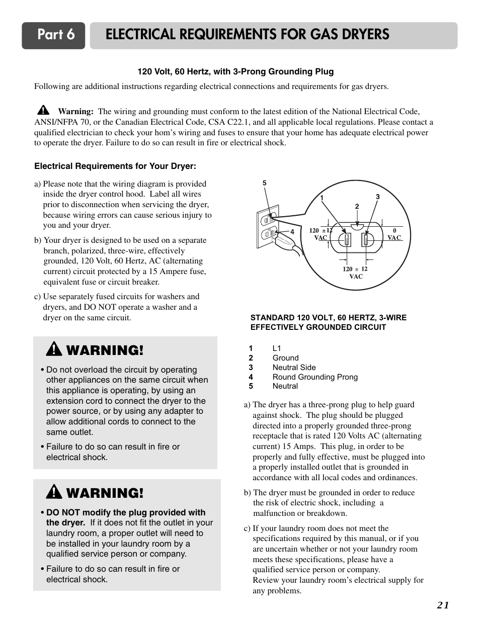 Part 6 electrical requirements for gas dryers, Warning | LG DLE2516W User Manual | Page 21 / 67