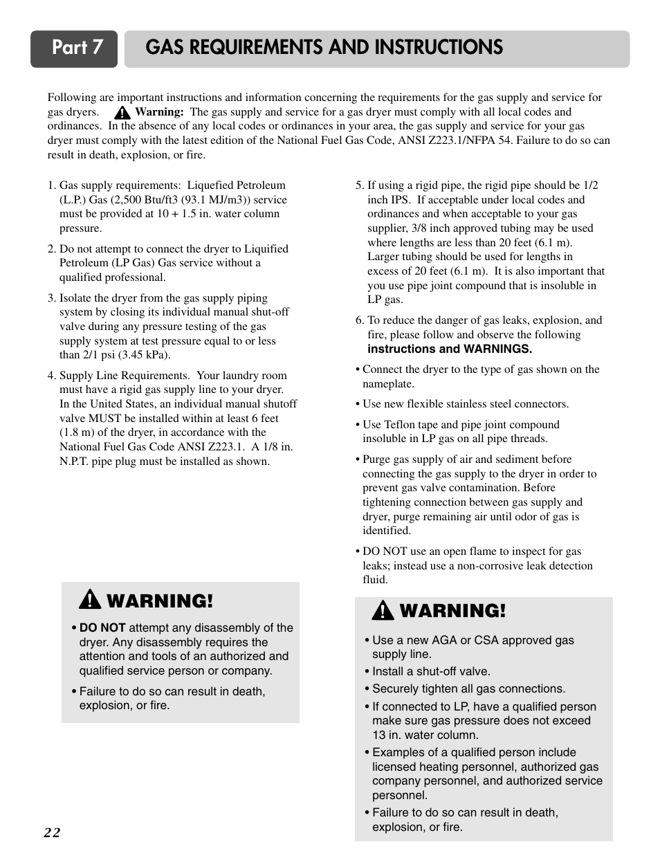 Part 7 gas requirements and instructions, Warning | LG DLE2516W User Manual | Page 22 / 67