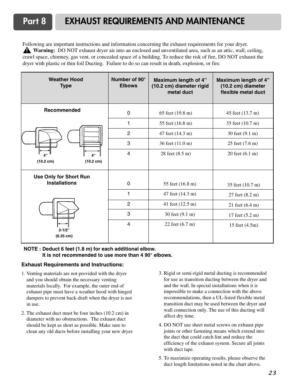 Part 8 exhaust requirements and maintenance | LG DLE2516W User Manual | Page 23 / 67