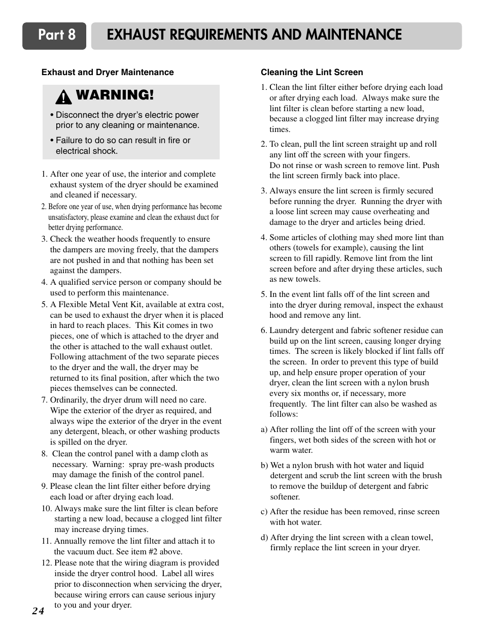 Part 8 exhaust requirements and maintenance, Warning | LG DLE2516W User Manual | Page 24 / 67