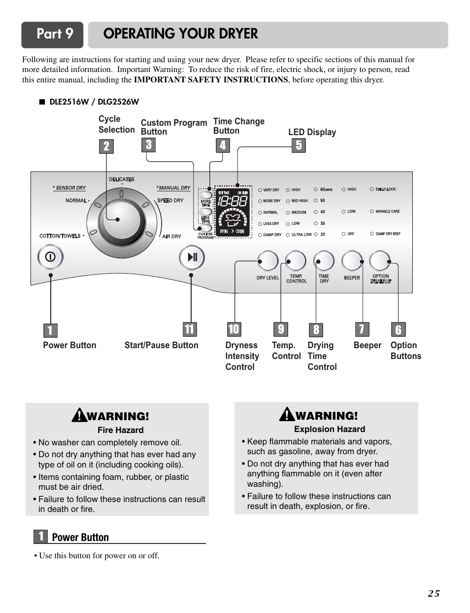 Part 9 operating your dryer | LG DLE2516W User Manual | Page 25 / 67