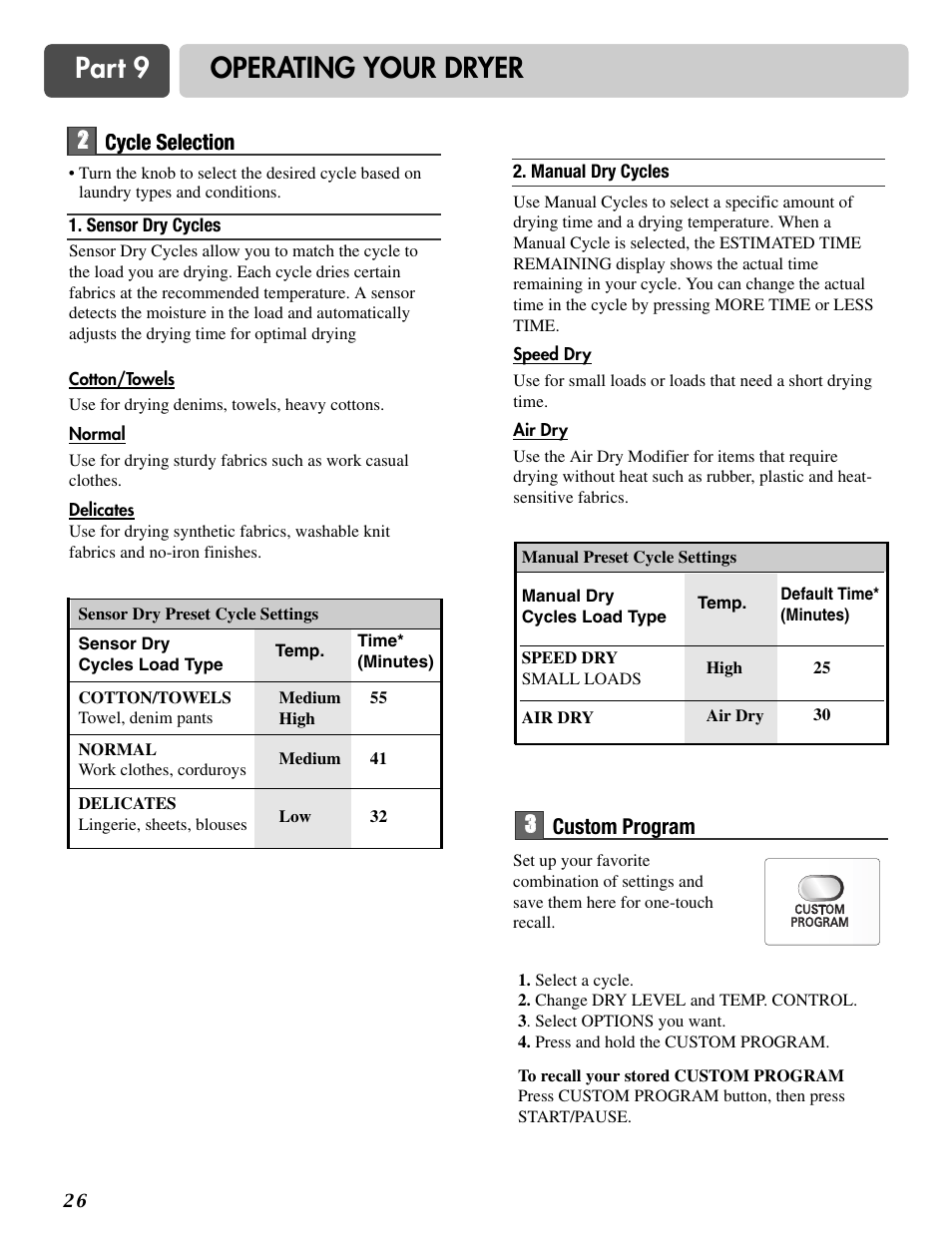 Part 9 operating your dryer | LG DLE2516W User Manual | Page 26 / 67