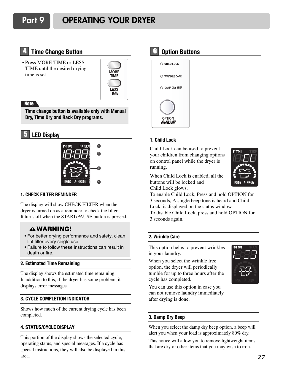 Part 9 operating your dryer, 4time change button, 5led display 6 6 option buttons | LG DLE2516W User Manual | Page 27 / 67