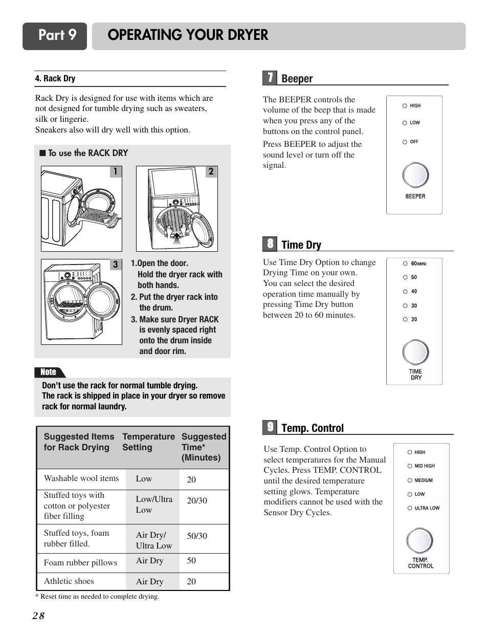 Part 9 operating your dryer | LG DLE2516W User Manual | Page 28 / 67