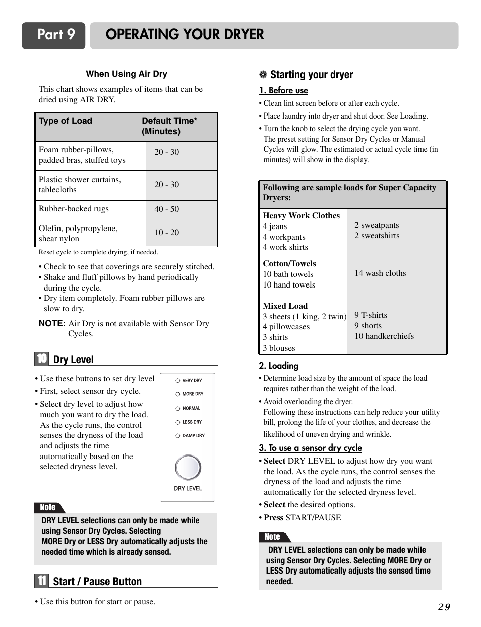 Part 9 operating your dryer | LG DLE2516W User Manual | Page 29 / 67