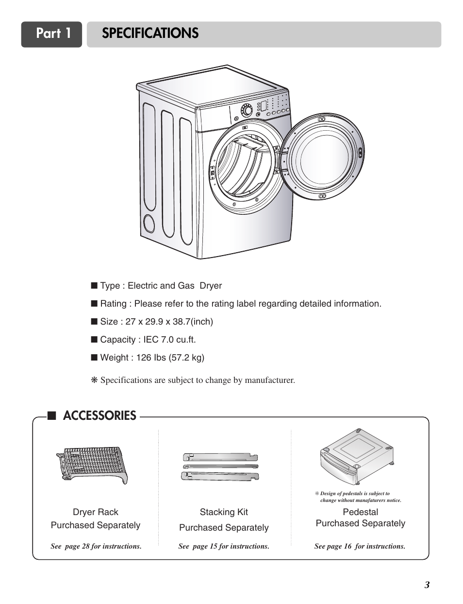 Part 1 specifications, Accessories | LG DLE2516W User Manual | Page 3 / 67