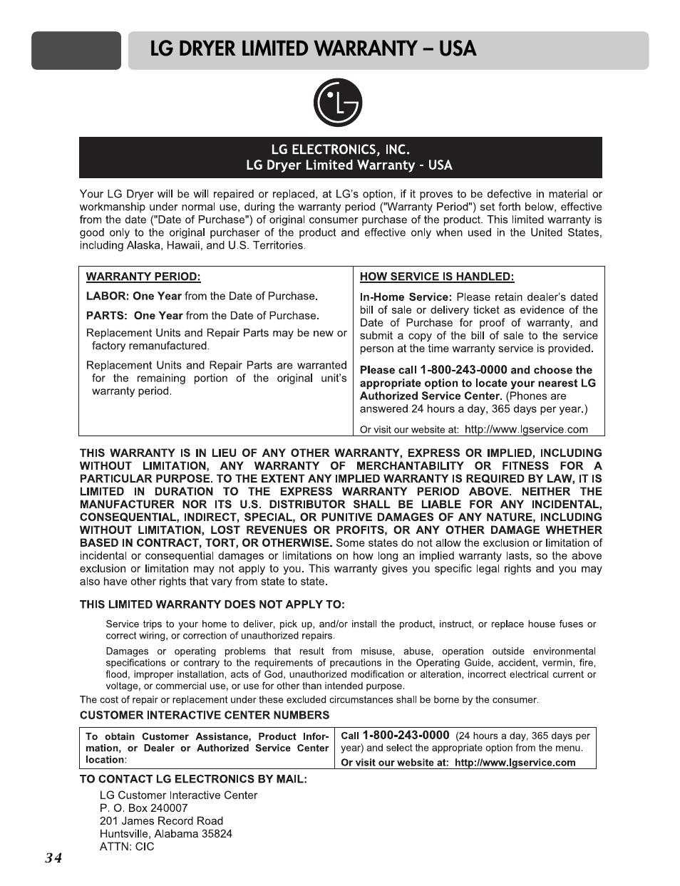 Lg dryer limited warranty – usa | LG DLE2516W User Manual | Page 34 / 67