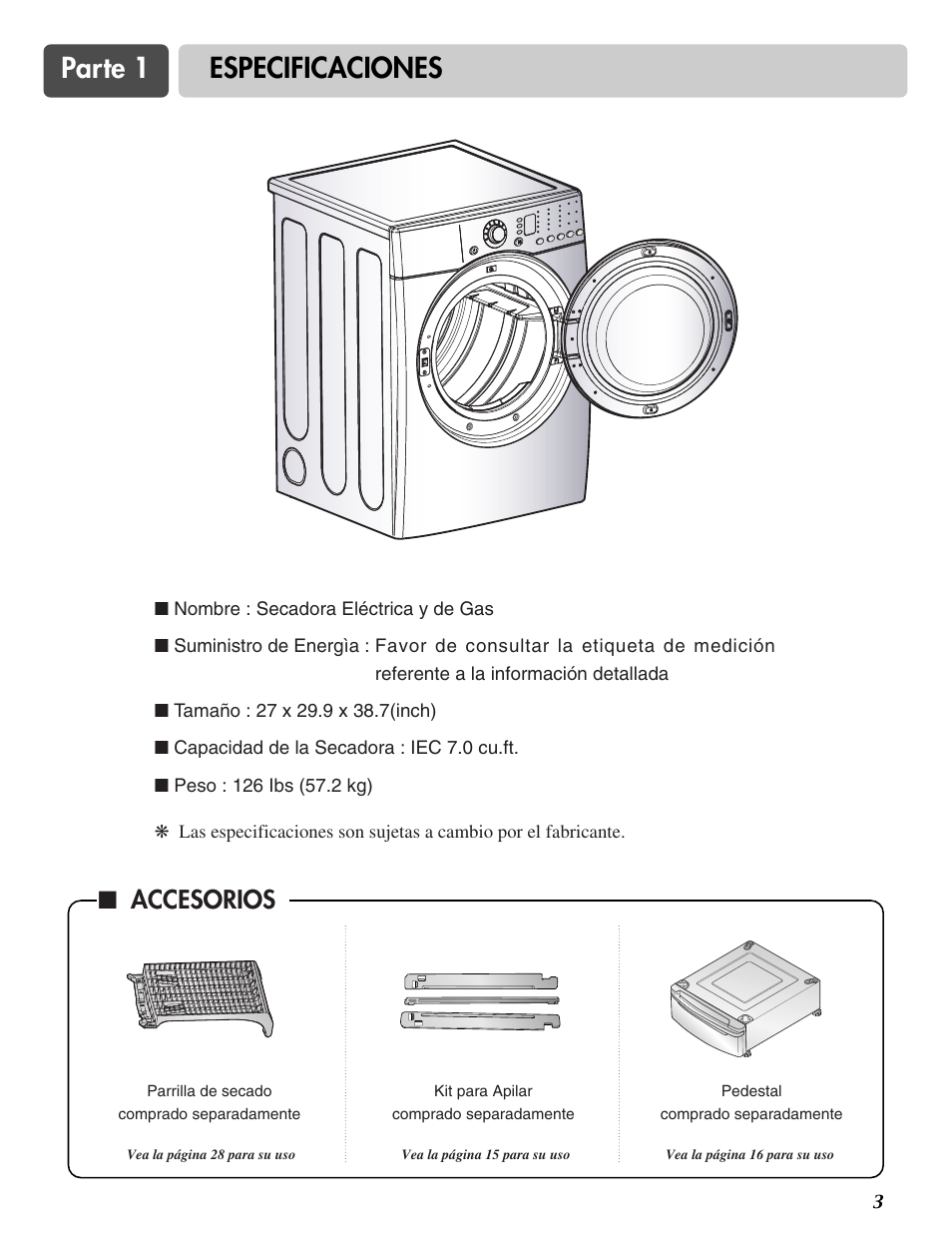 Parte 1 especificaciones, Accesorios | LG DLE2516W User Manual | Page 36 / 67
