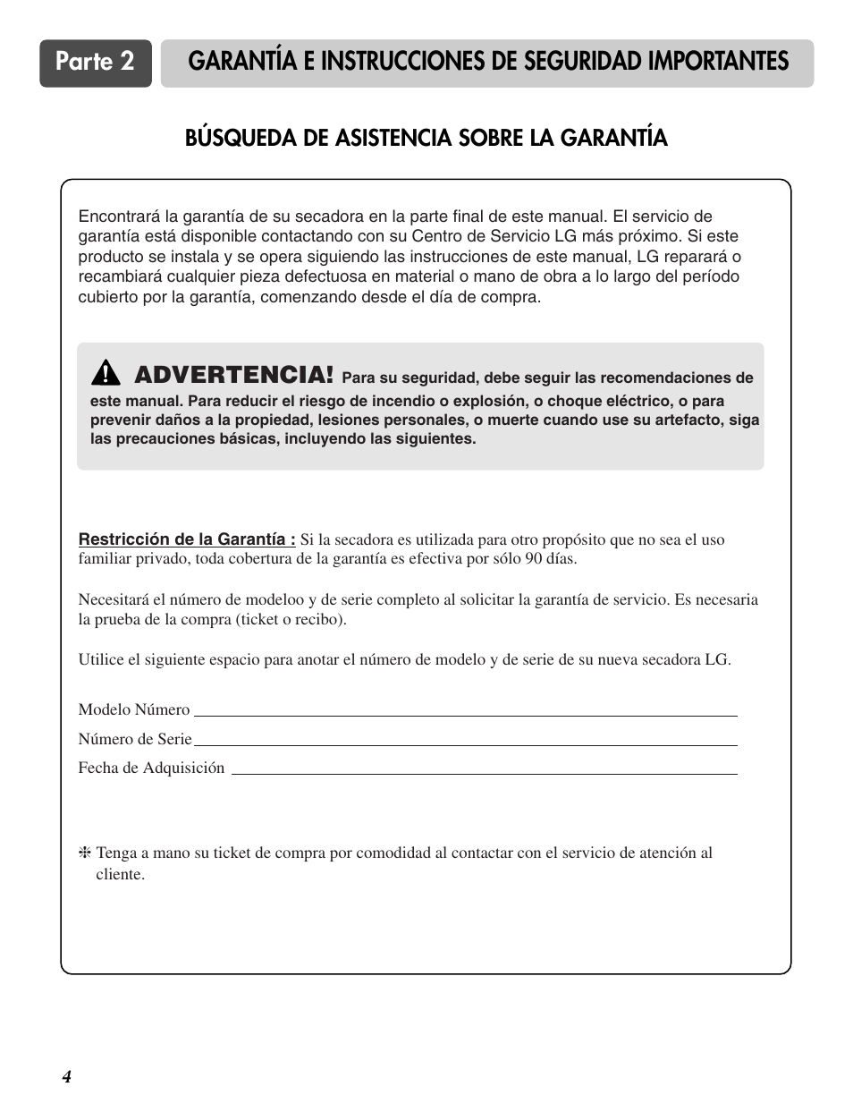 Parte 2, Garantía e instrucciones de seguridad importantes, Advertencia | Búsqueda de asistencia sobre la garantía | LG DLE2516W User Manual | Page 37 / 67