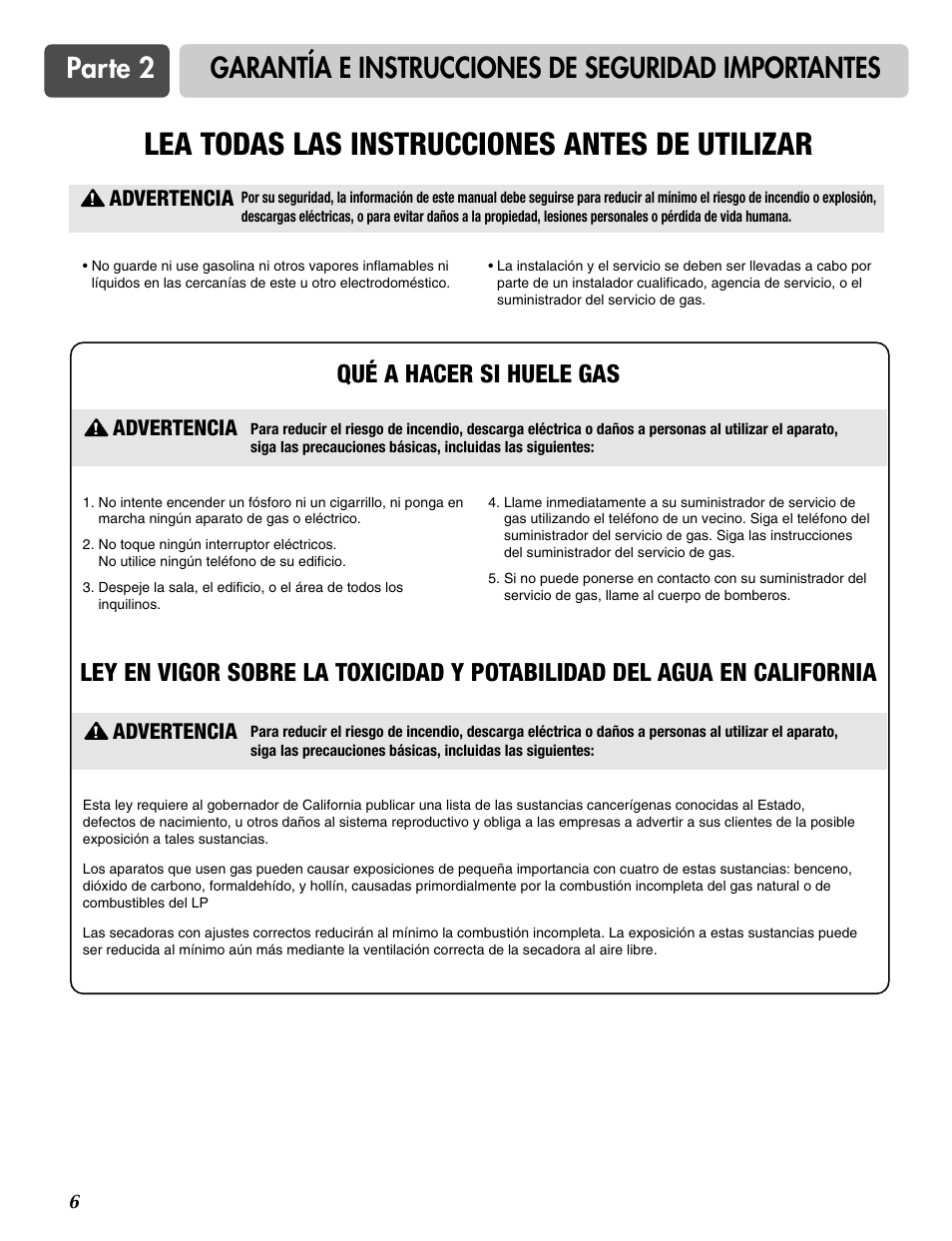 Lea todas las instrucciones antes de utilizar, Parte 2, Garantía e instrucciones de seguridad importantes | Advertencia | LG DLE2516W User Manual | Page 39 / 67