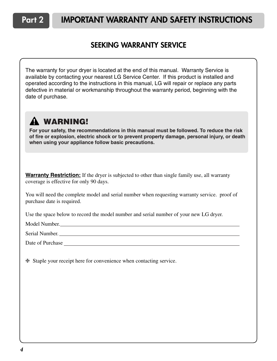 Part 2, Important warranty and safety instructions, Warning | Seeking warranty service | LG DLE2516W User Manual | Page 4 / 67