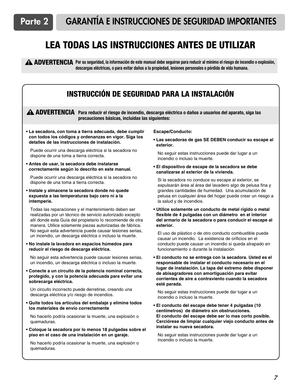 Lea todas las instrucciones antes de utilizar, Instrucción de seguridad para la instalación, Advertencia | LG DLE2516W User Manual | Page 40 / 67