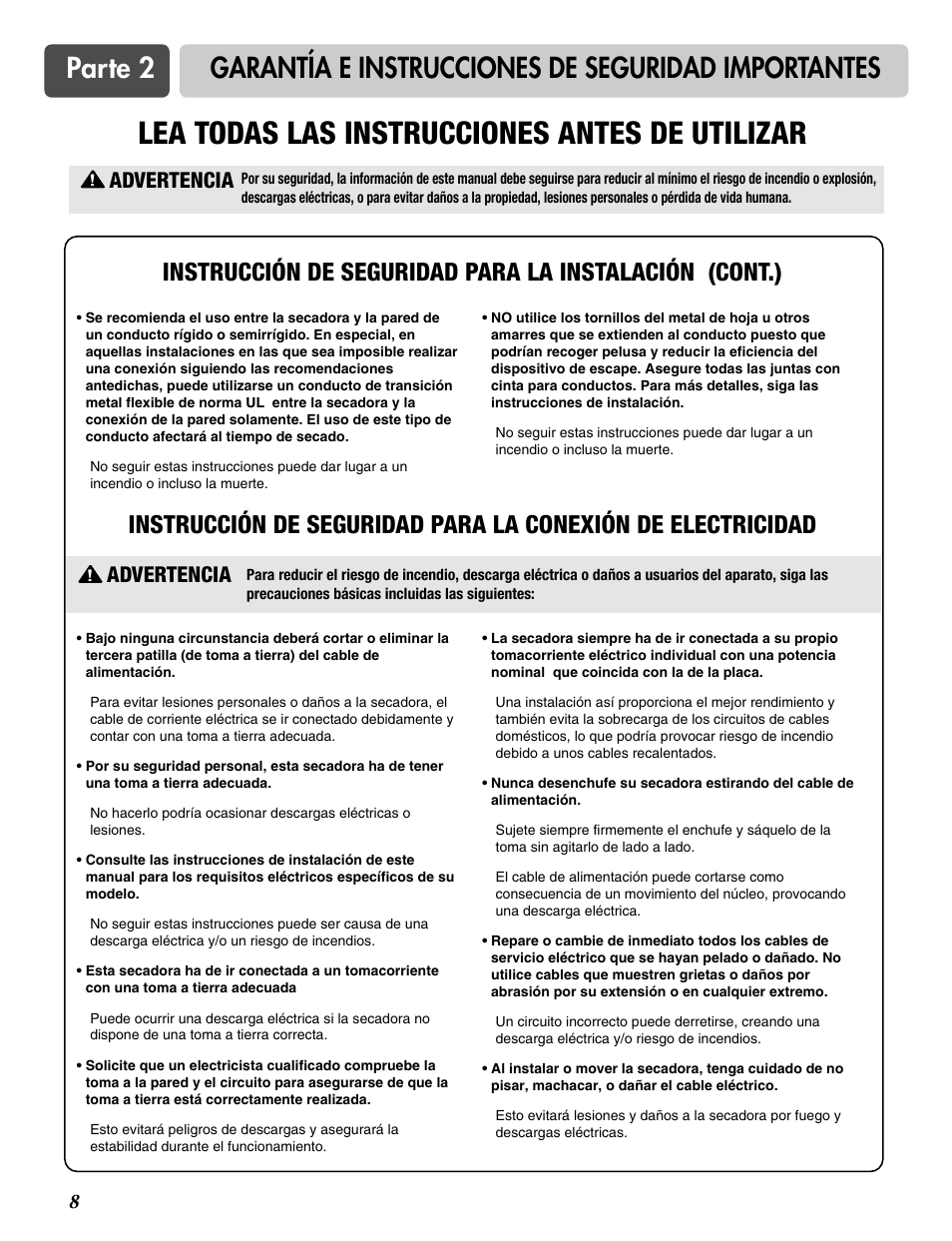 Lea todas las instrucciones antes de utilizar, Advertencia | LG DLE2516W User Manual | Page 41 / 67