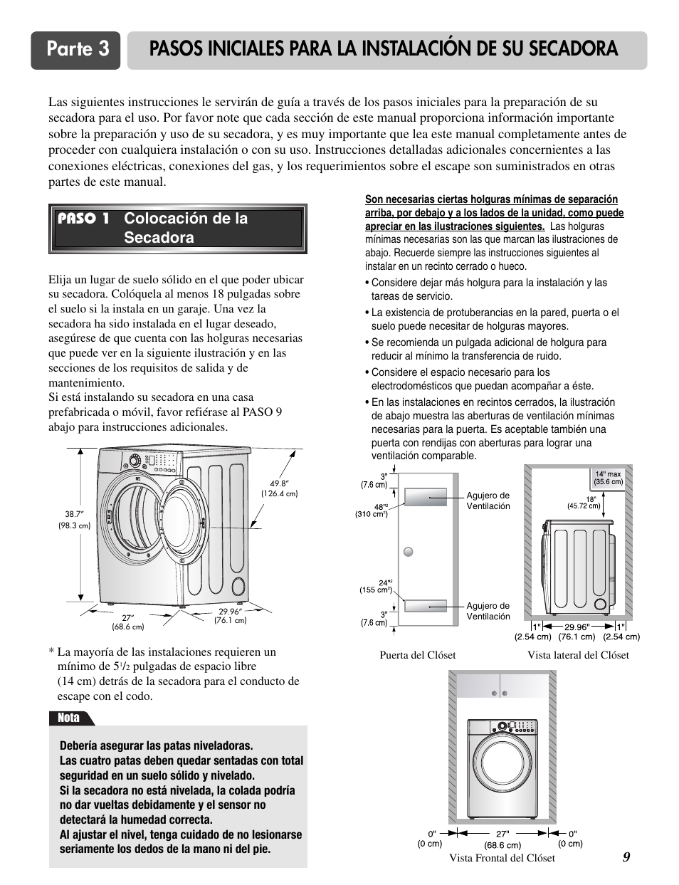Paso 1 colocación de la secadora | LG DLE2516W User Manual | Page 42 / 67