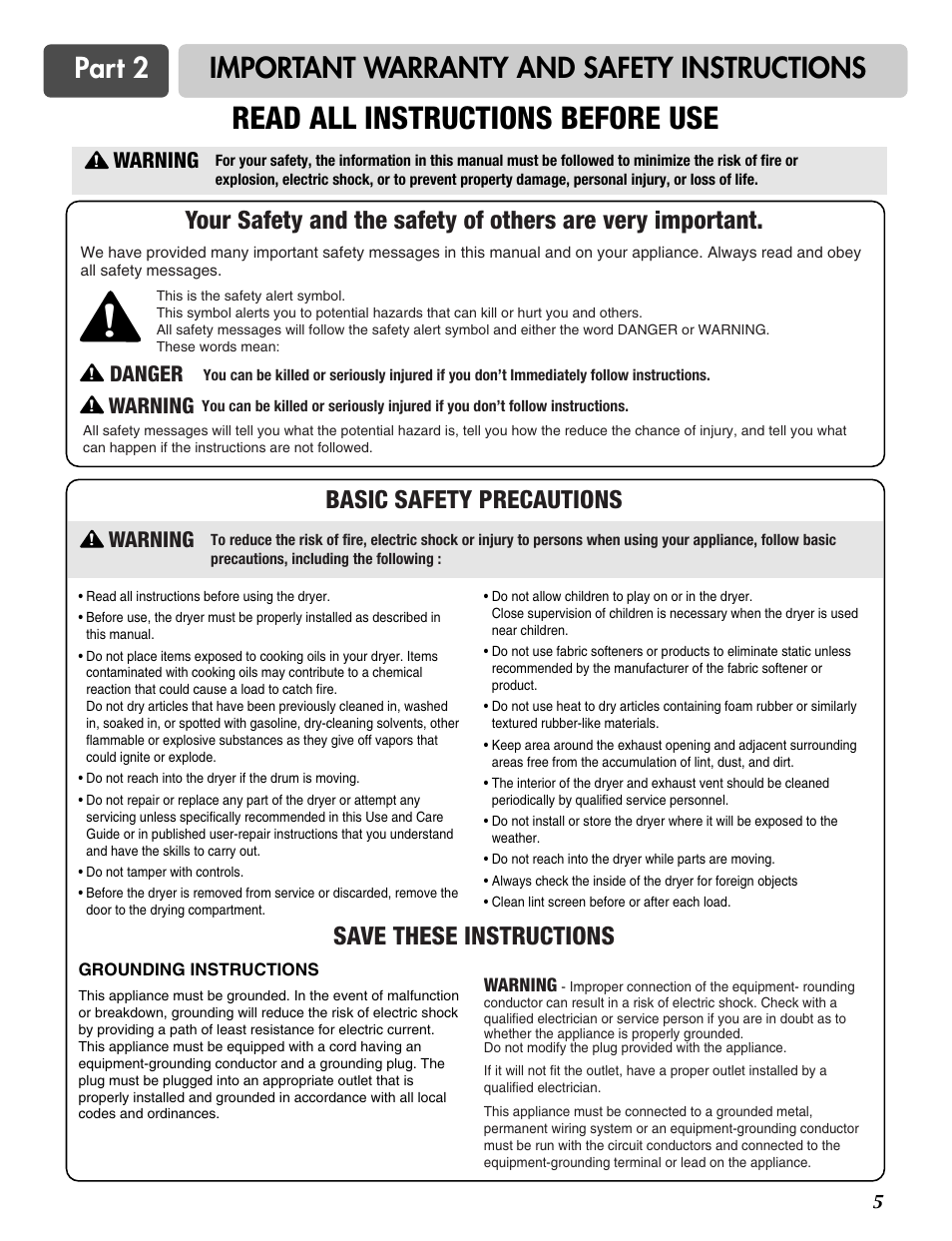 Read all instructions before use, Part 2 important warranty and safety instructions, Danger | Warning | LG DLE2516W User Manual | Page 5 / 67